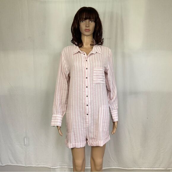 NEW Plush Apparel Pink White Striped Cotton & Linen Pajamas Sleep Romper Small - Picture 4 of 11